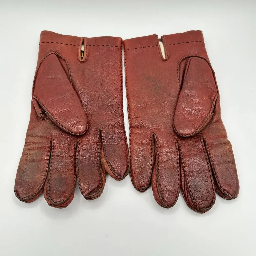 Vintage Leather Fur Lined Driving Gloves Brown 9.5 Made In France‎ Soft Luxury